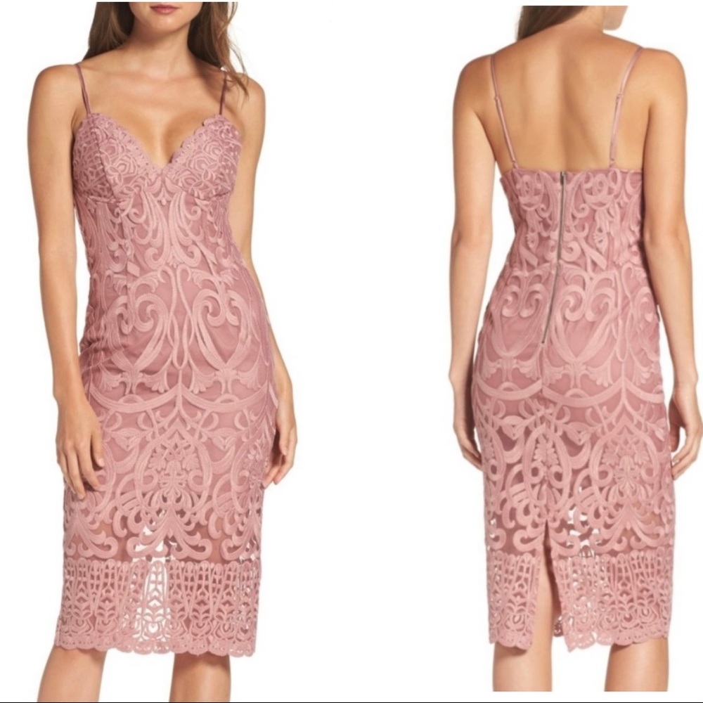 BARDOT gia lace scalloped overlay bodycon midi dress mauve size medium 8